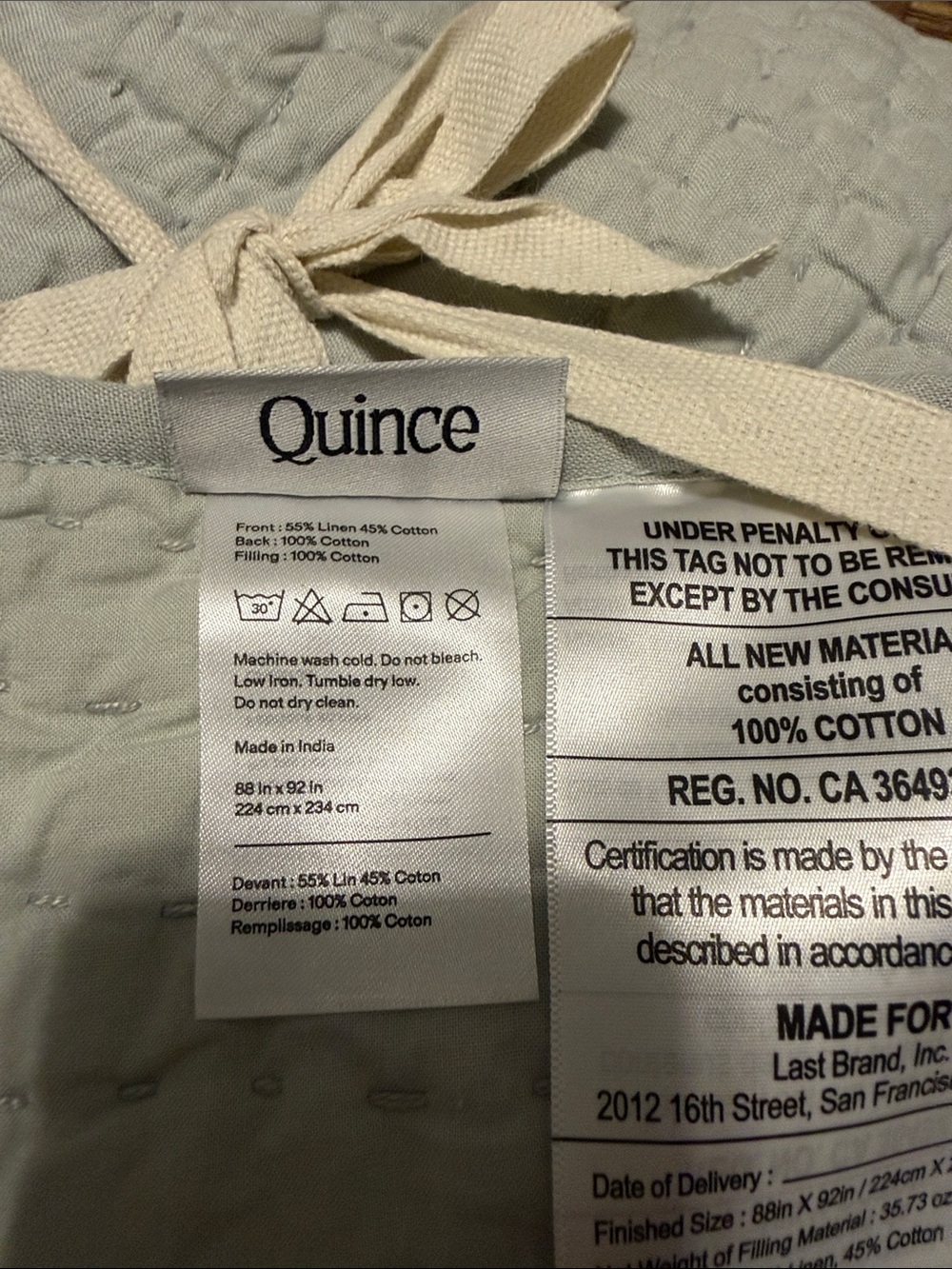 Quince European Linen Cotton Stitch Quilt in Mist, size Queen, NWOT - Picture 7 of 7